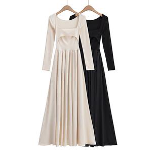 for neck autumn women dress sleeved long square Black