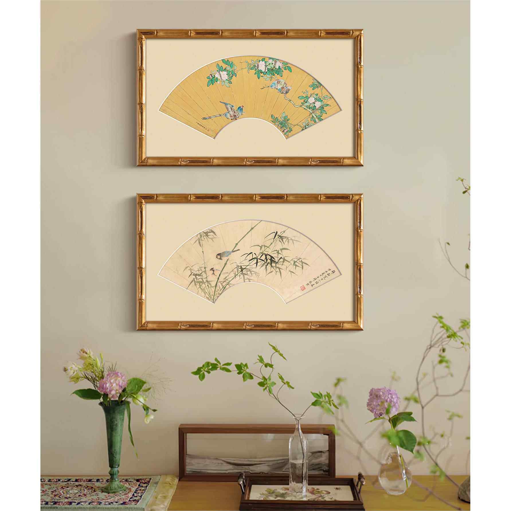 新款直销法式实木卡纸中国风客厅装饰画扇形中式复古餐厅挂画中古
