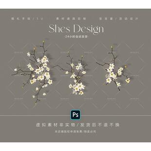 婚礼花艺素材玉兰花免抠素材非高清手绘分层文件树枝素材小众婚礼