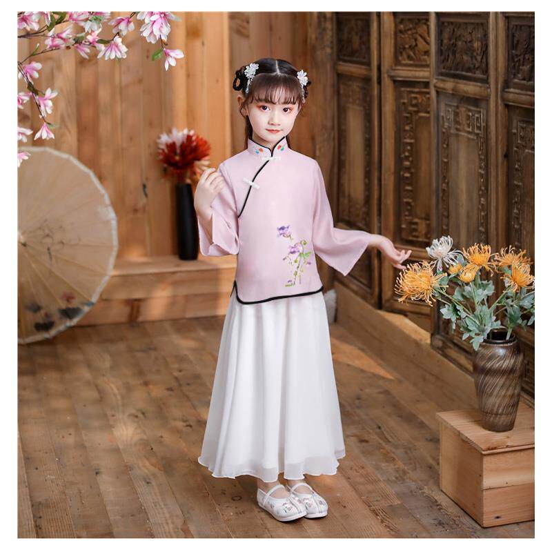 正品童汉服服仙女古女孩梅花刺绣中国风装民国风旗袍唐女装古筝演