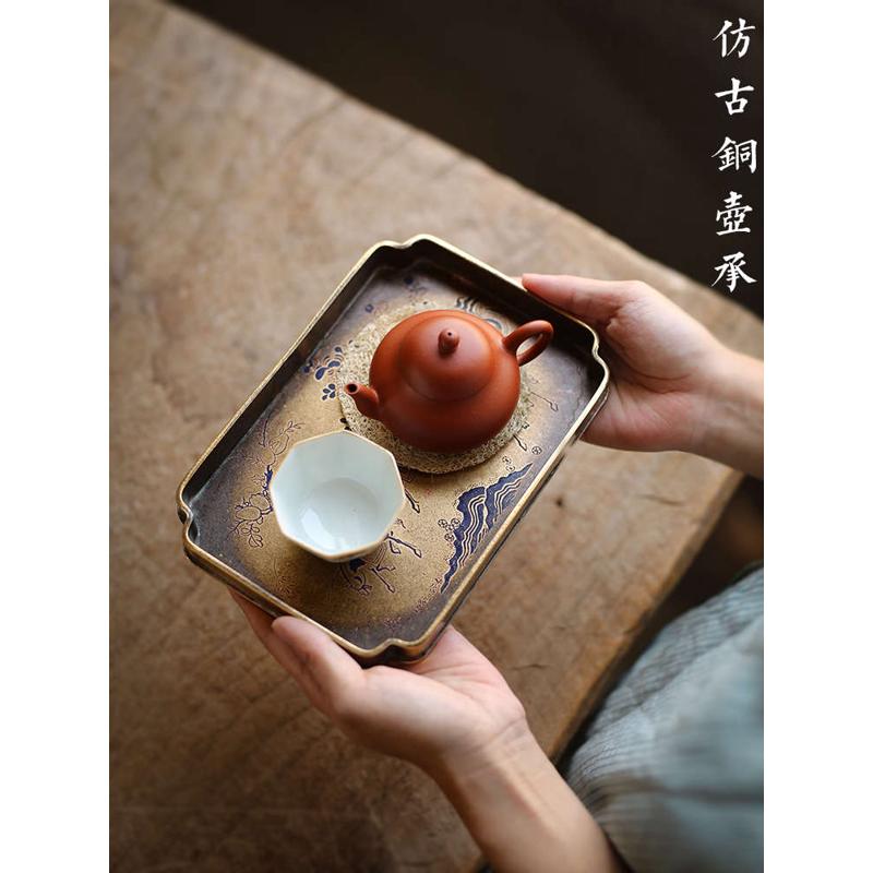 优茶道宋式彷古纯铜漆绘壶承手工黄铜壶垫建水铜茶盘干泡台茶盘