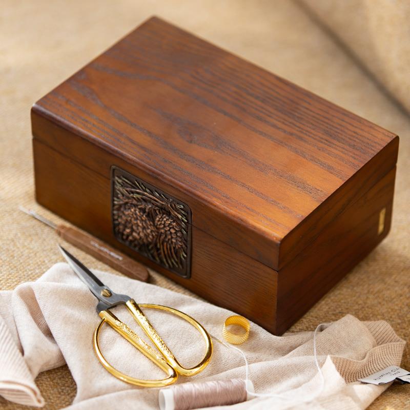 6E3X家用针线盒套装木豪华针包工具收线纳复古盒实F76JHT7H结婚陪