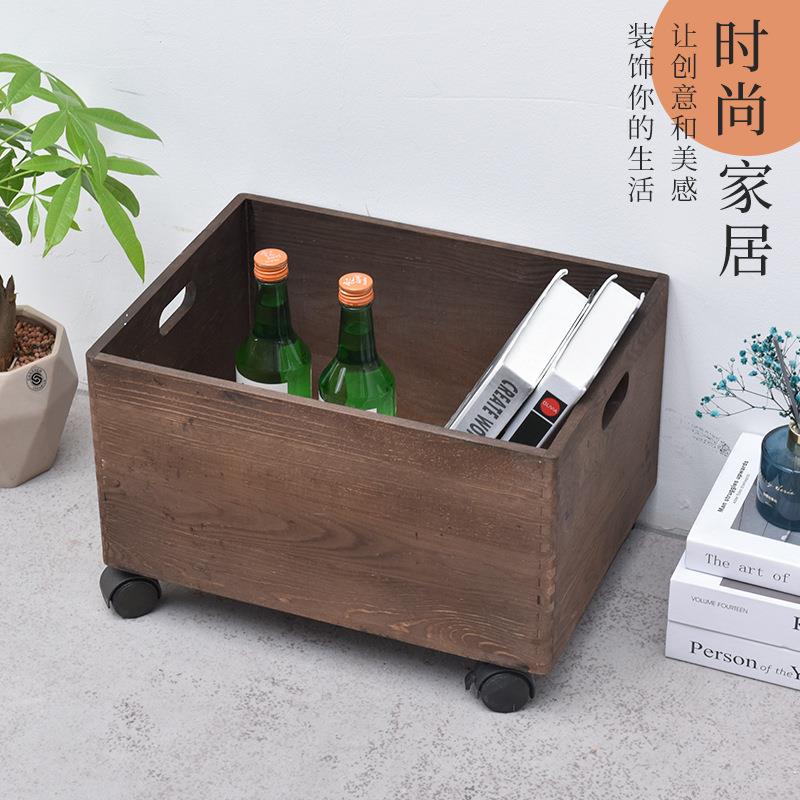 简约卧室木质收纳盒家居储物收纳盒带滑轮家用桌面实木收纳盒子