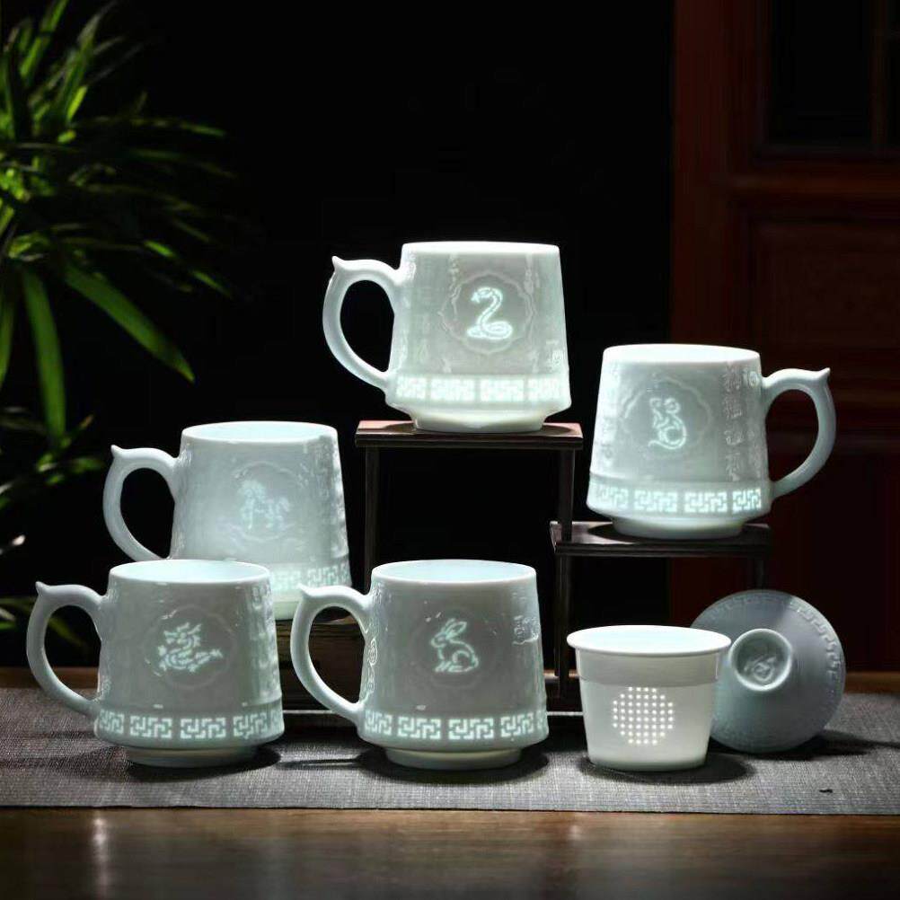 景德镇陶瓷茶杯影青釉玲珑杯过滤杯家用泡茶商务礼品杯水杯生肖杯