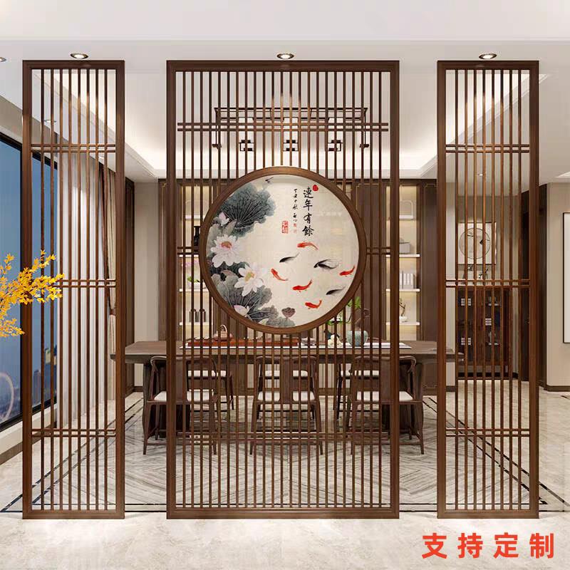 新中式不锈钢屏风隔断墙木纹格栅镂空花格饭厅客厅入户门玄关装饰