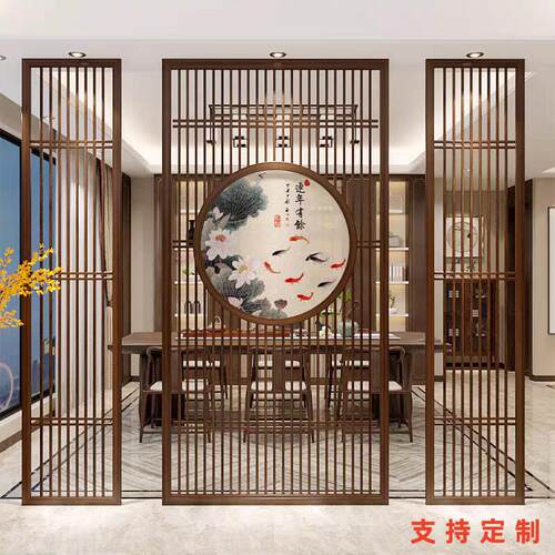 新中式不锈钢屏风隔断墙木纹格栅镂空花格饭厅客厅入户门玄关装饰