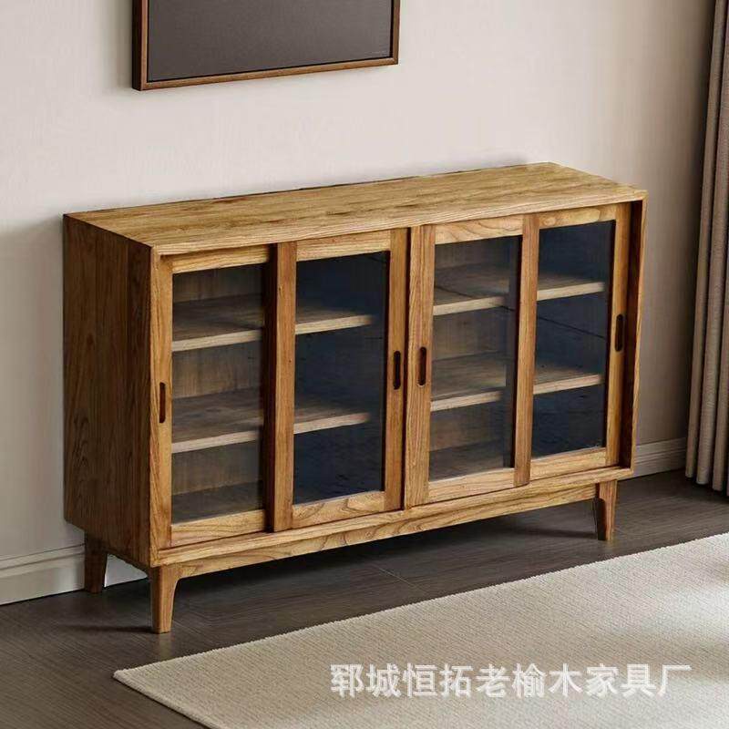 老榆木玻璃餐边柜简约展示柜家用靠墙储物柜民宿酒店侧边柜