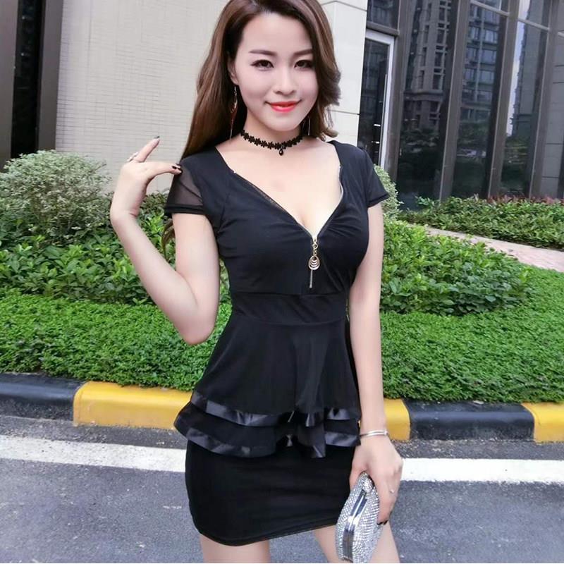 性感夜店女装大码低胸遮肚显瘦包臀连衣裙酒店桑拿技师工作服