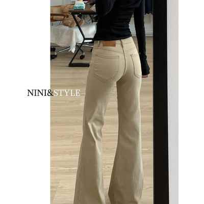 卡其色加绒微喇牛仔裤女2025秋冬新款低腰显瘦小个子不贴腿喇叭裤
