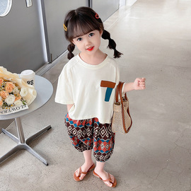 女童夏季短袖套装儿童韩版休闲薄款蝙蝠衫，哈伦裤宽松两件套