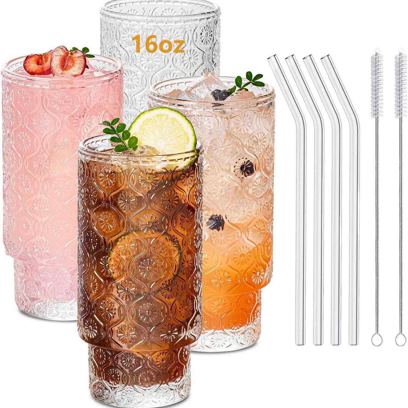 亚马逊16oz竖纹叠叠杯玻璃杯饮料带盖带吸管果汁杯饮品创意玻璃杯