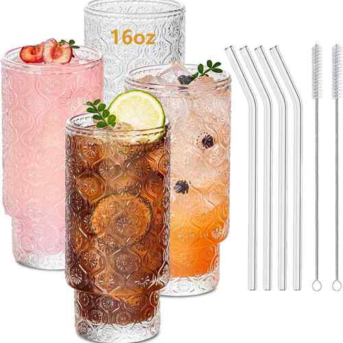 亚马逊16oz竖纹叠叠杯玻璃杯饮料带盖带吸管果汁杯饮品创意玻璃杯