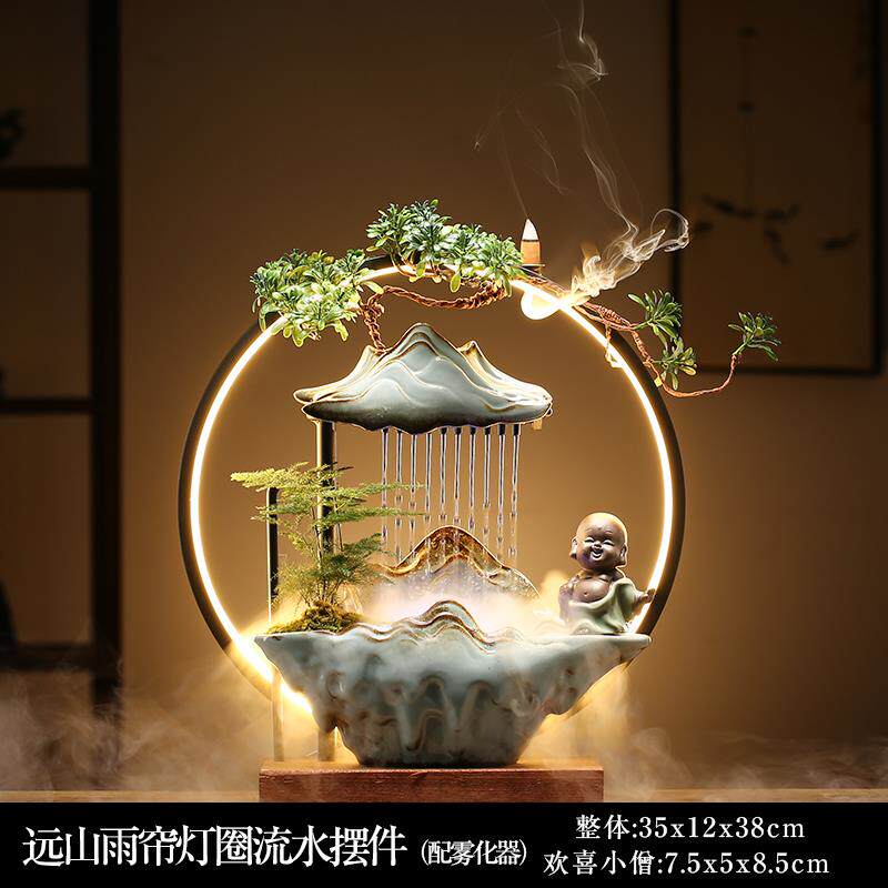 高档水摆件新中式流创意办公室桌面高山循开环财招客厅玄关乔迁业