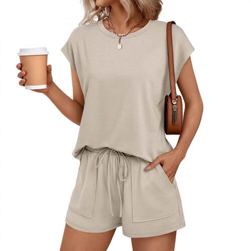Women's Crew Neck Two-Piece Shorts Set, Casual Loose Fit
