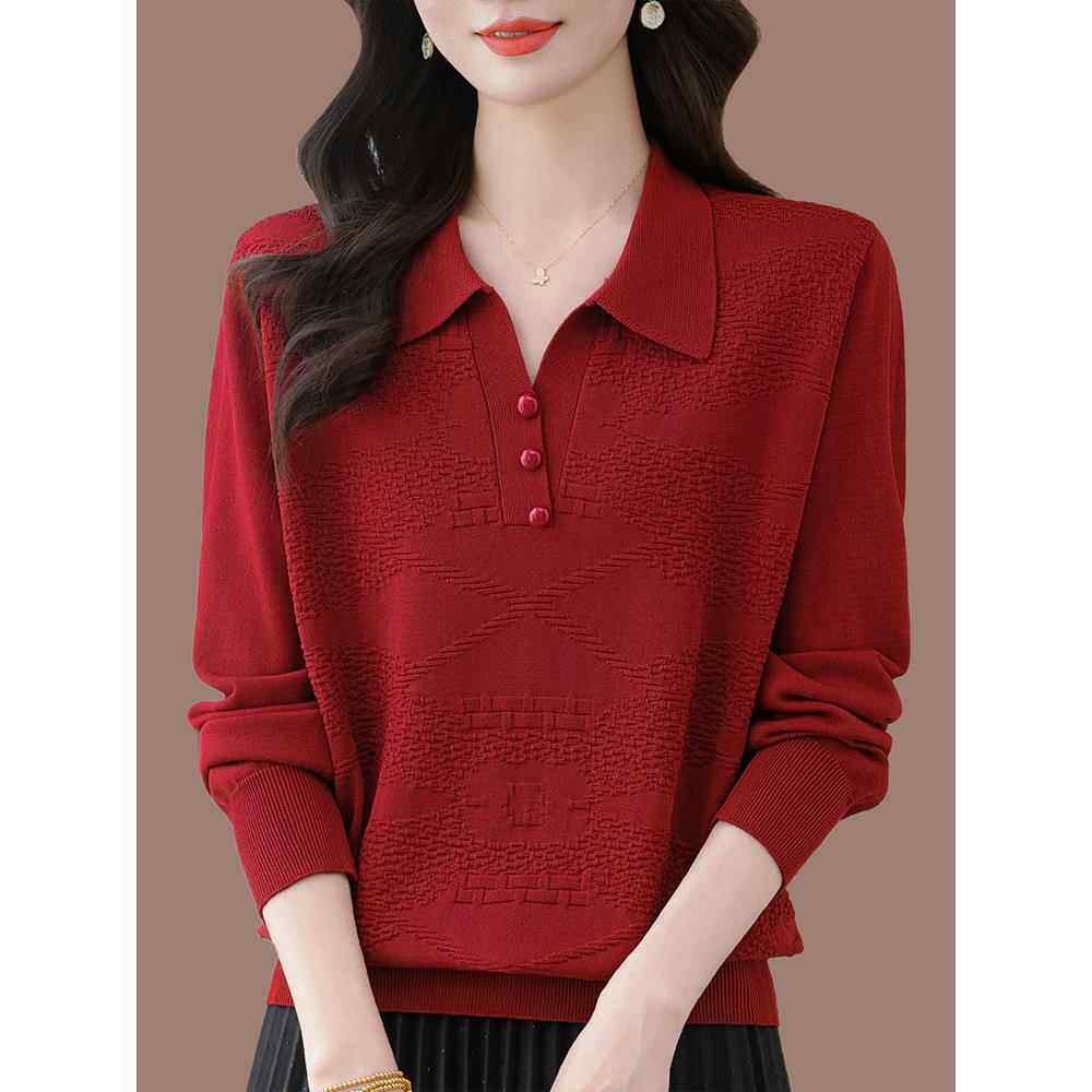 秋季新款大码桑蚕丝长袖T恤女POLO翻领上衣中年妈妈针织打底小衫