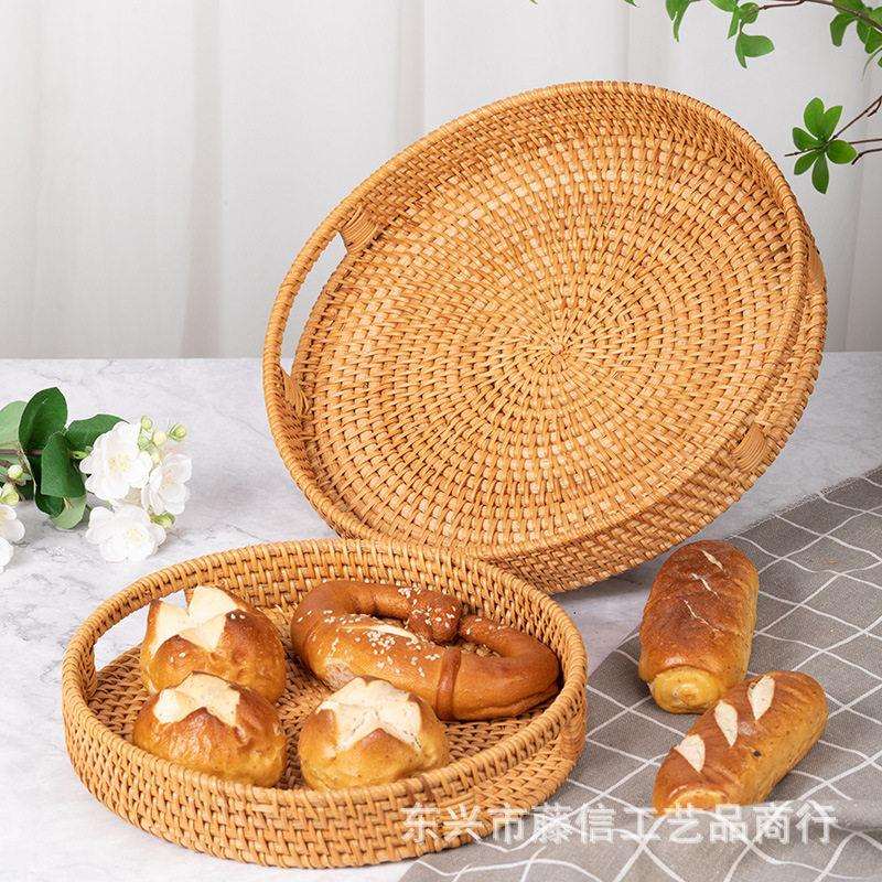 越南手工编织藤编草编水果盘果篮茶盘托盘圆形提手创意收纳篮客厅