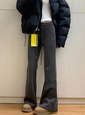 深灰色微喇休闲裤女2025夏季新款胖妹妹mm高腰弹力显瘦运动厚棉裤