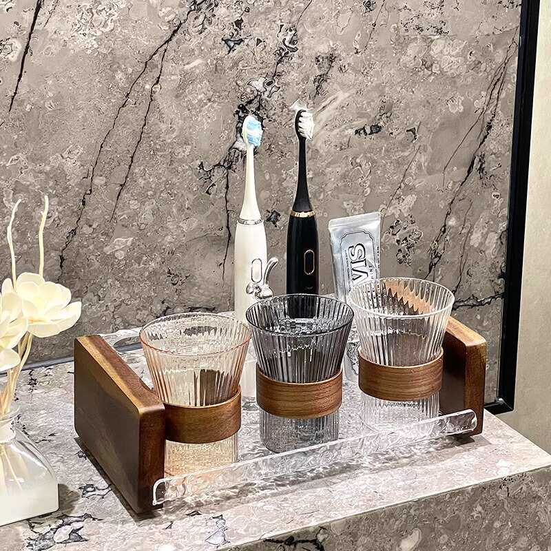 实木复古风轻奢高端牙刷置物架高级感卫生间洗漱台刷牙漱口杯套装