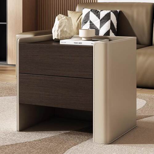 实木床头柜新款马鞍皮现代高级感家用卧室意式创意简约床边收纳柜