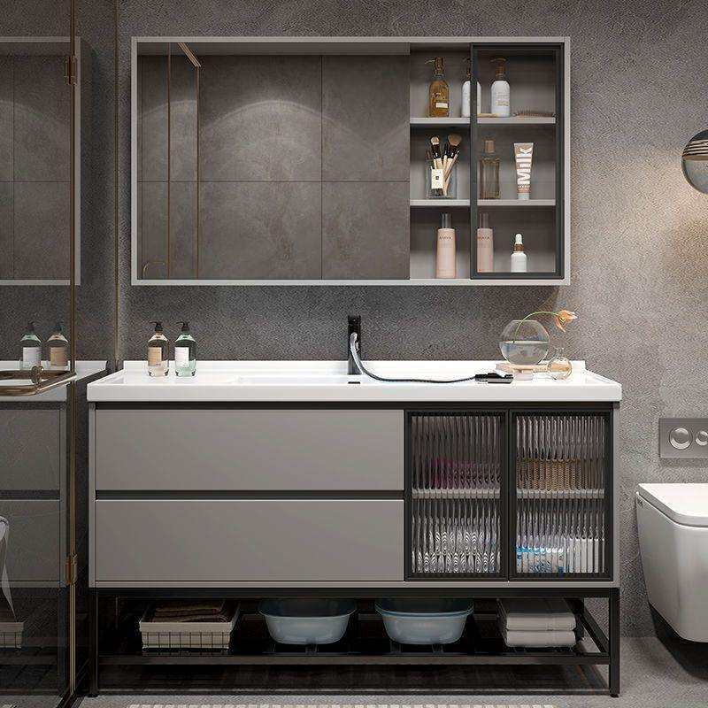 岩板简约一体式陶瓷一体盆智能实木浴室柜组合卫生间洗漱台轻奢风