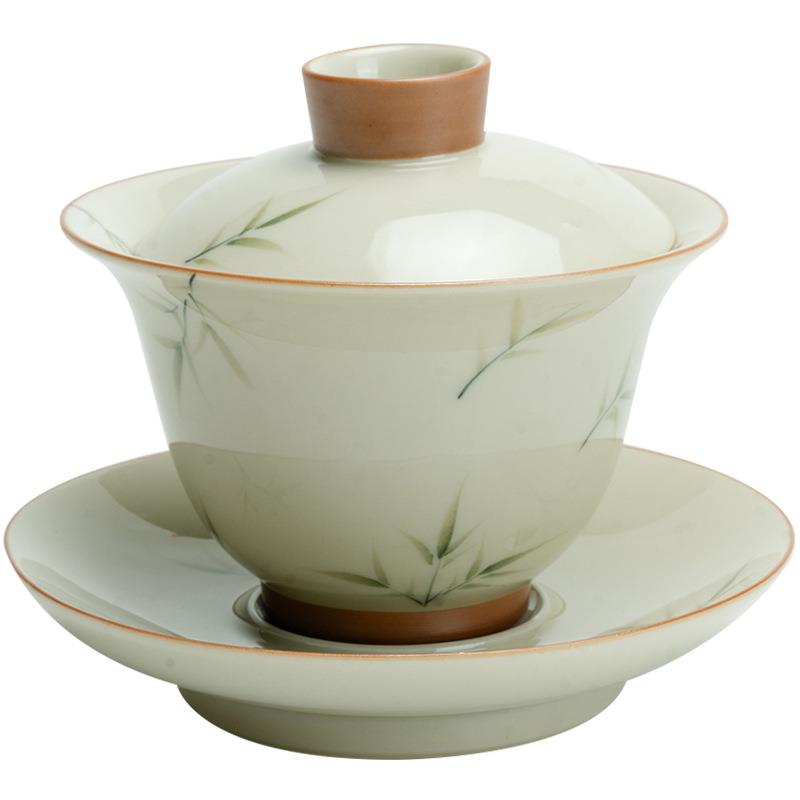 纯手绘筱竹圆满盖碗单个家用陶瓷茶碗茶杯泡茶器不烫手冲茶器