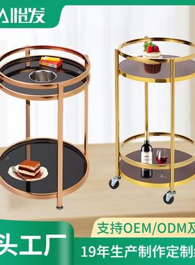 欧式不锈钢圆形双层酒水车可移动餐厅手推服务车KTV甜品车