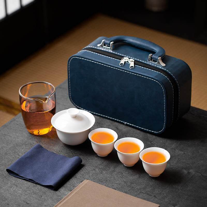 手提便携式旅行茶具户外快客杯羊脂玉瓷功夫茶具旅游茶杯一壶三杯