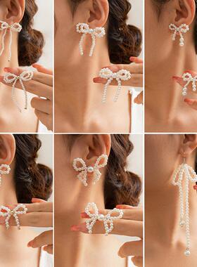 Bow French tassel earrings imitation pearl earrings珍珠耳环