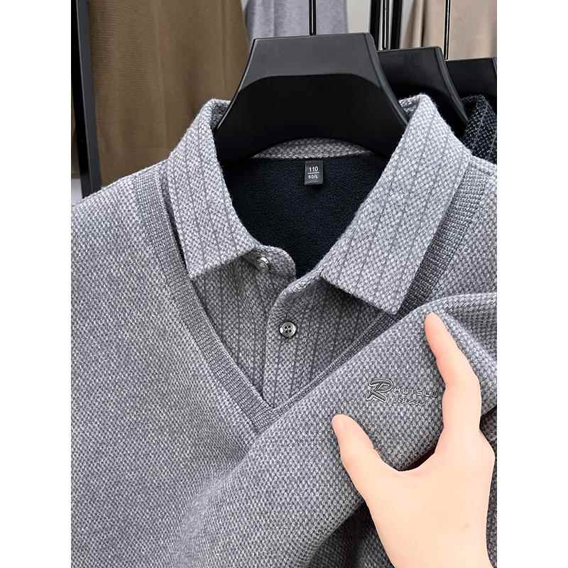 新款冬季中老年假两件毛衣男翻领polot恤长袖加绒加厚保暖打底衫