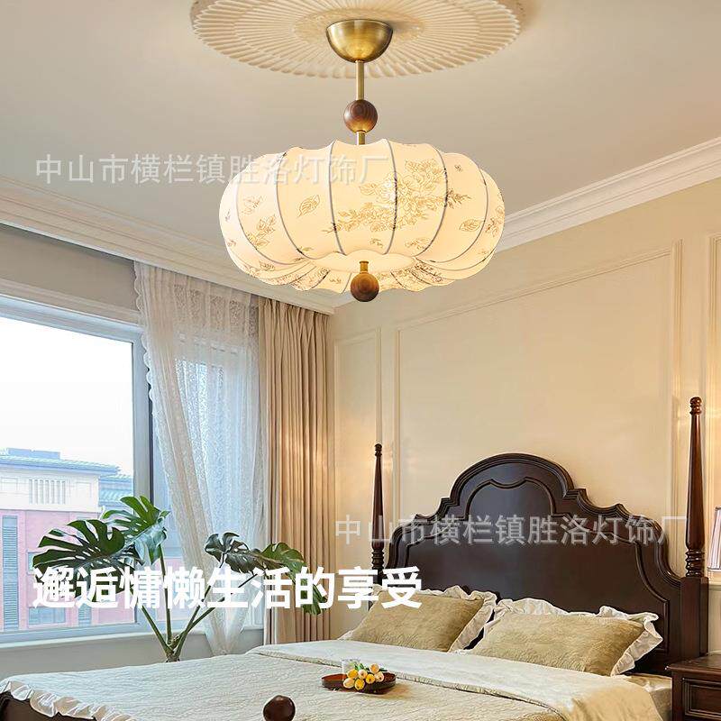 全铜法式中古客厅吊灯美式北美黑胡桃木卧室书房餐厅节能护眼LED