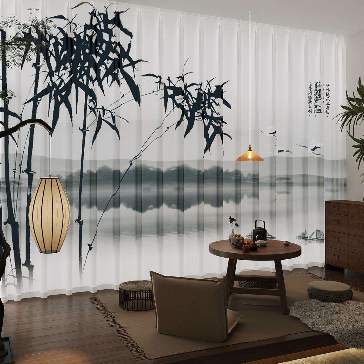 中式水墨画窗帘纱帘透光不透人2024新款办公室茶室中国风窗纱新款