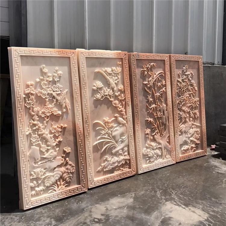 汉白玉大理石雕晚霞红松鹤牡丹浮雕青石地雕别墅庭院外墙装饰壁画