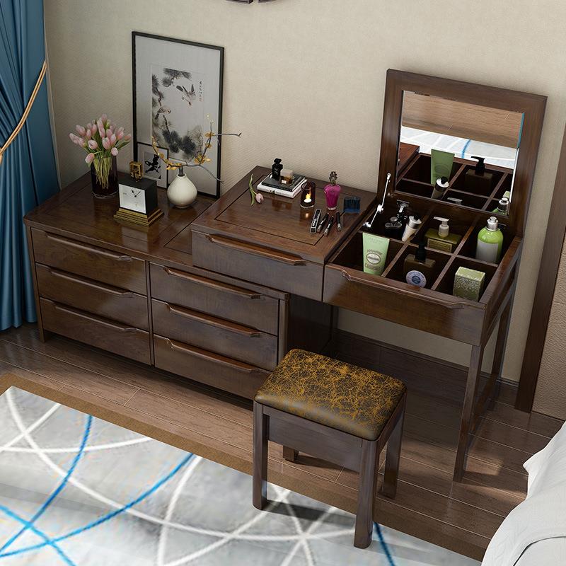 全实木新中式梳妆台收纳柜一体卧室斗柜胡桃木色翻盖电脑桌化妆台