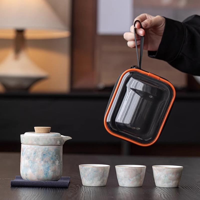 羊脂玉冰花旅行茶具便携式一壶四杯白瓷功夫陶瓷茶杯快客杯泡茶器