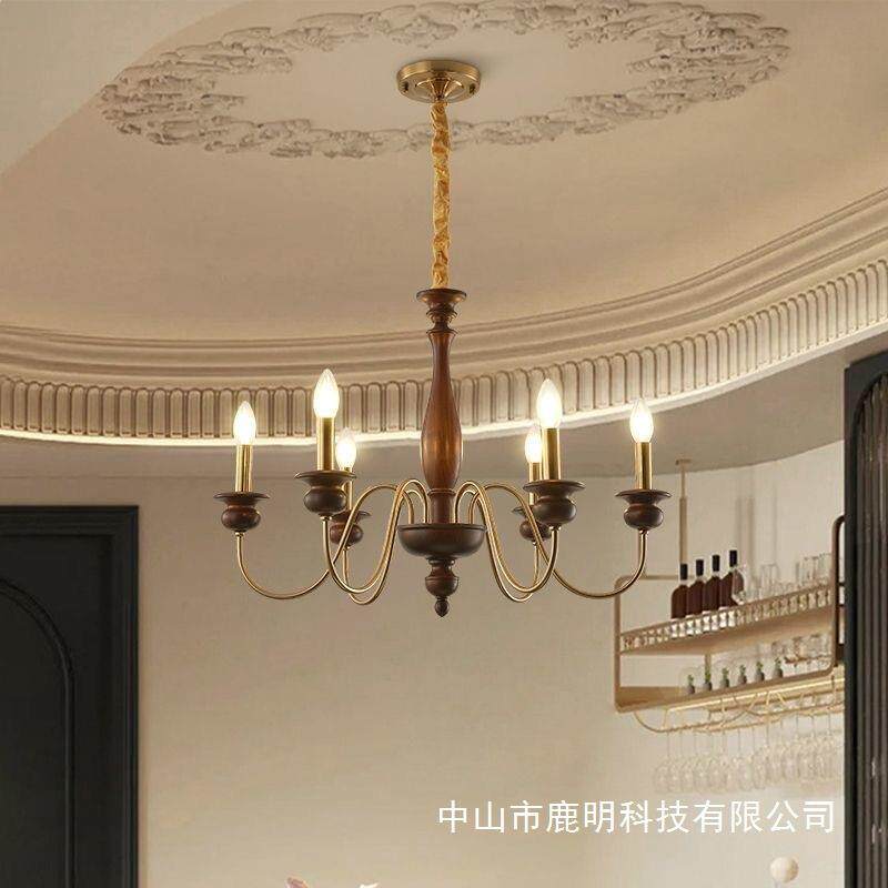 美式复古实木蜡烛吊灯法式轻奢简约风别墅客厅卧室复式楼餐厅吊灯