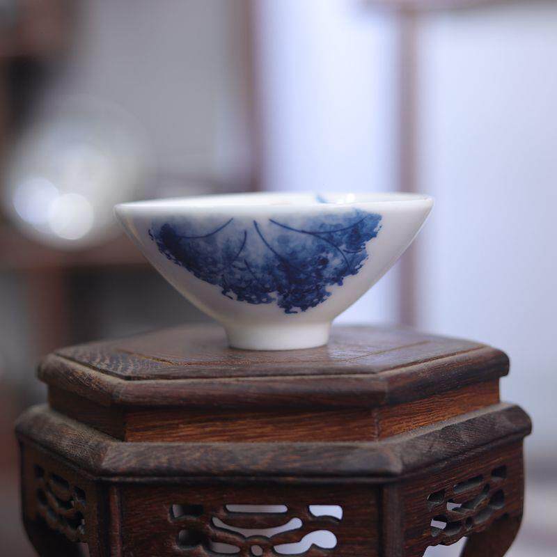 亦陶夫小茶具陶瓷PY321324品紫茗杯手工手绘青功花瓷斗笠杯茶碗品