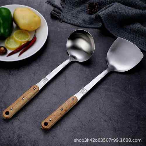 304不锈钢锅铲实木柄加厚家用炒菜铲子3厘三钉炒菜铲子汤勺漏勺