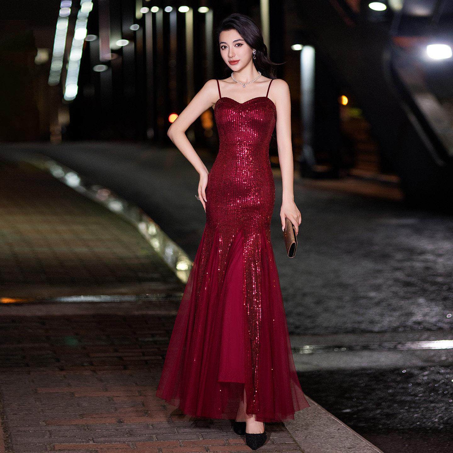 晚礼服女吊带宴会新款高端气质名媛轻奢聚会艺考主持人结婚纱裙