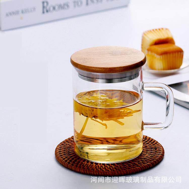 带包钢竹盖沏茶杯高硼硅把手杯高级感耐热玻璃泡茶杯方把绿茶杯
