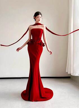 抹胸敬酒服2026新款绝美晨袍女新娘订婚结婚礼裙小拖尾宴会晚礼服