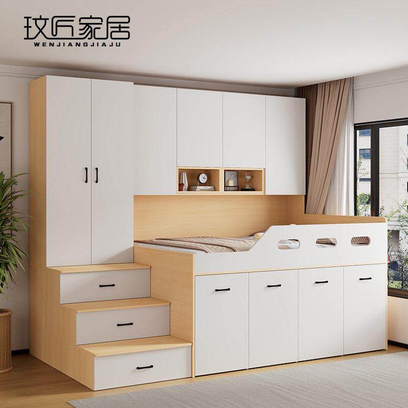 儿童半高床带储物高箱床小户型书桌一体组合多功能步梯上床下衣柜