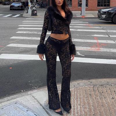 Twopiece Set Womens Fashion Floral Print Fur Collar Lace