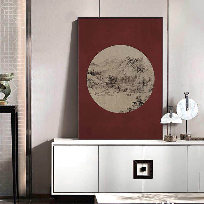 挂画装饰画入户山水红中式墙中国风景背景玄关小景山水新客厅壁画