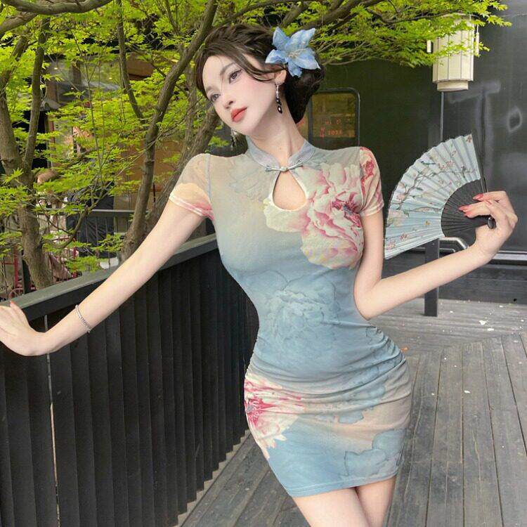 直播衣服女主播服装上镜年轻款新中式性感短款改良版旗袍连衣裙