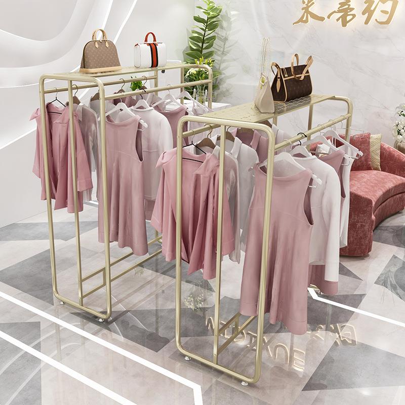 服装店金色双排中岛架双杠落地式展示架童装女装店银色挂衣服货架