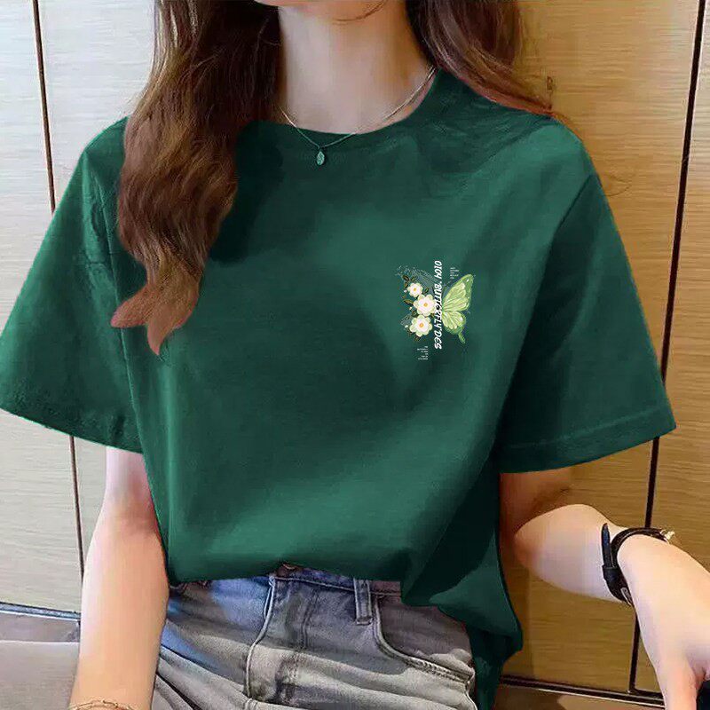 墨绿色短袖t恤女2026年夏季欧货纯棉正肩半袖小个子蝴蝶印花上衣