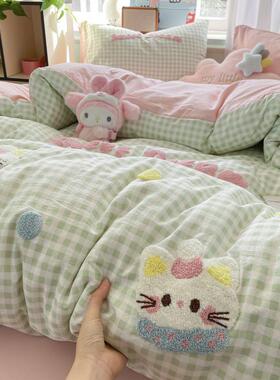 毛A类软糯亲肤裸卡通巾绣被套睡床单四件套学生宿舍三件套PDD1022