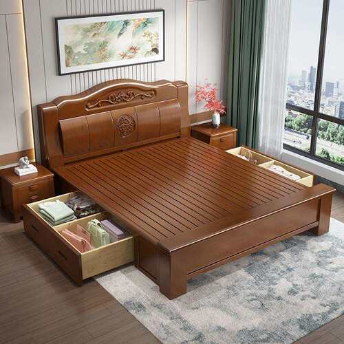 中式实木床MSA主卧1.8米大床1.5木m婚双人室现代简约橡胶高箱储物