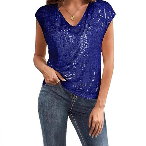 V-neck sequined short sleeved women's shiny vest party