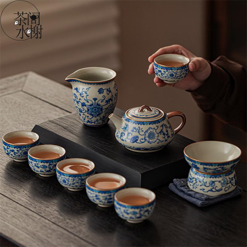 高档大气汝窑青花瓷功夫茶具套组家用中式办公室泡茶壶茶杯礼盒装